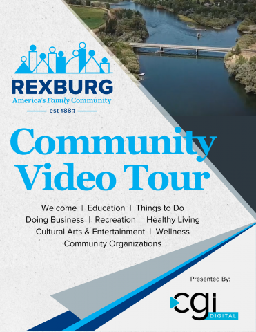 Image of road bridge over a river | geometric shapes | Rexburg logo | text