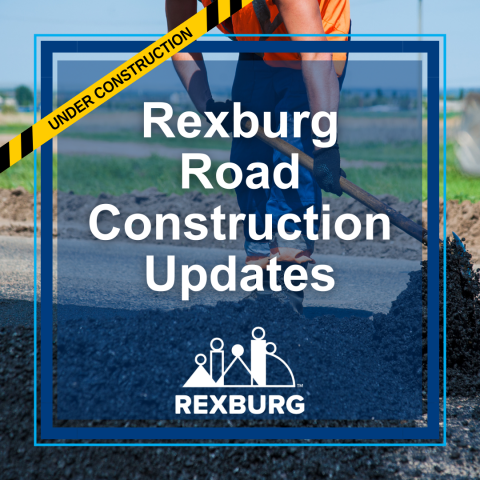 Street worker using a shovel to lay asphalt on a street blue overlay, borders and white text | Rexburg Road Construction Updates