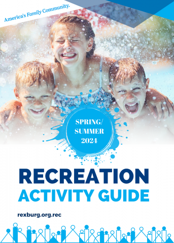 cover of the rec guide closeup photo of 3 kids smiling in a splash of water & text
